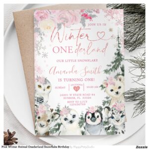 Pink Winter Animal Onederland Snowflake Birthday Invitation