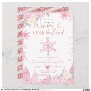 Pink Winter Onederland Snowflake 1st Birthday Invitation
