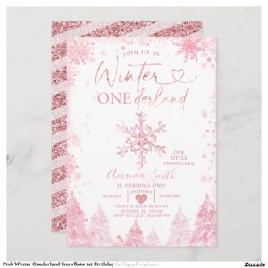 Pink Winter Onederland Snowflake 1st Birthday Invitation