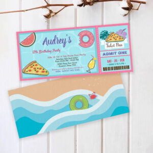 Pizza Pool Party Tropical Summer Birthday Invitation