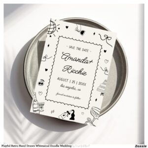 Playful Retro Hand Drawn Whimsical Doodle Wedding Save The Date