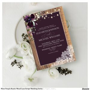 Plum Purple Rustic Wood Lace Script Wedding Invita Invitation