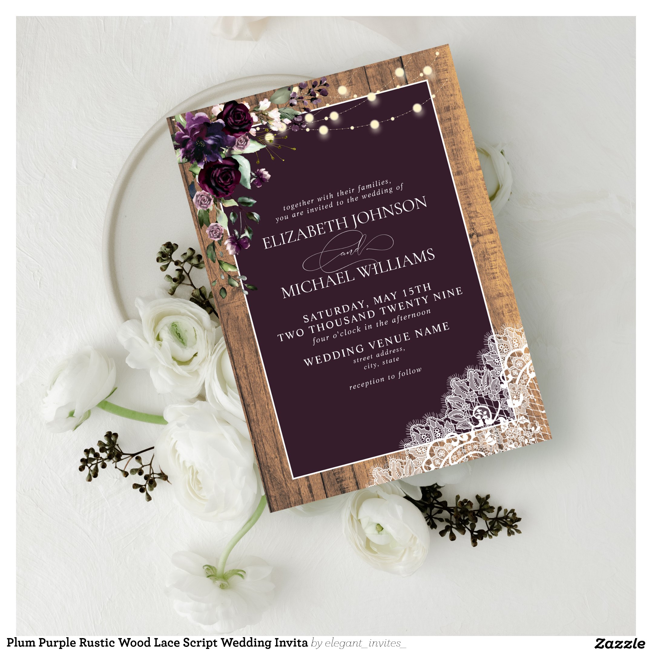 Plum Purple Rustic Wood Lace Script Wedding Invita Invitation