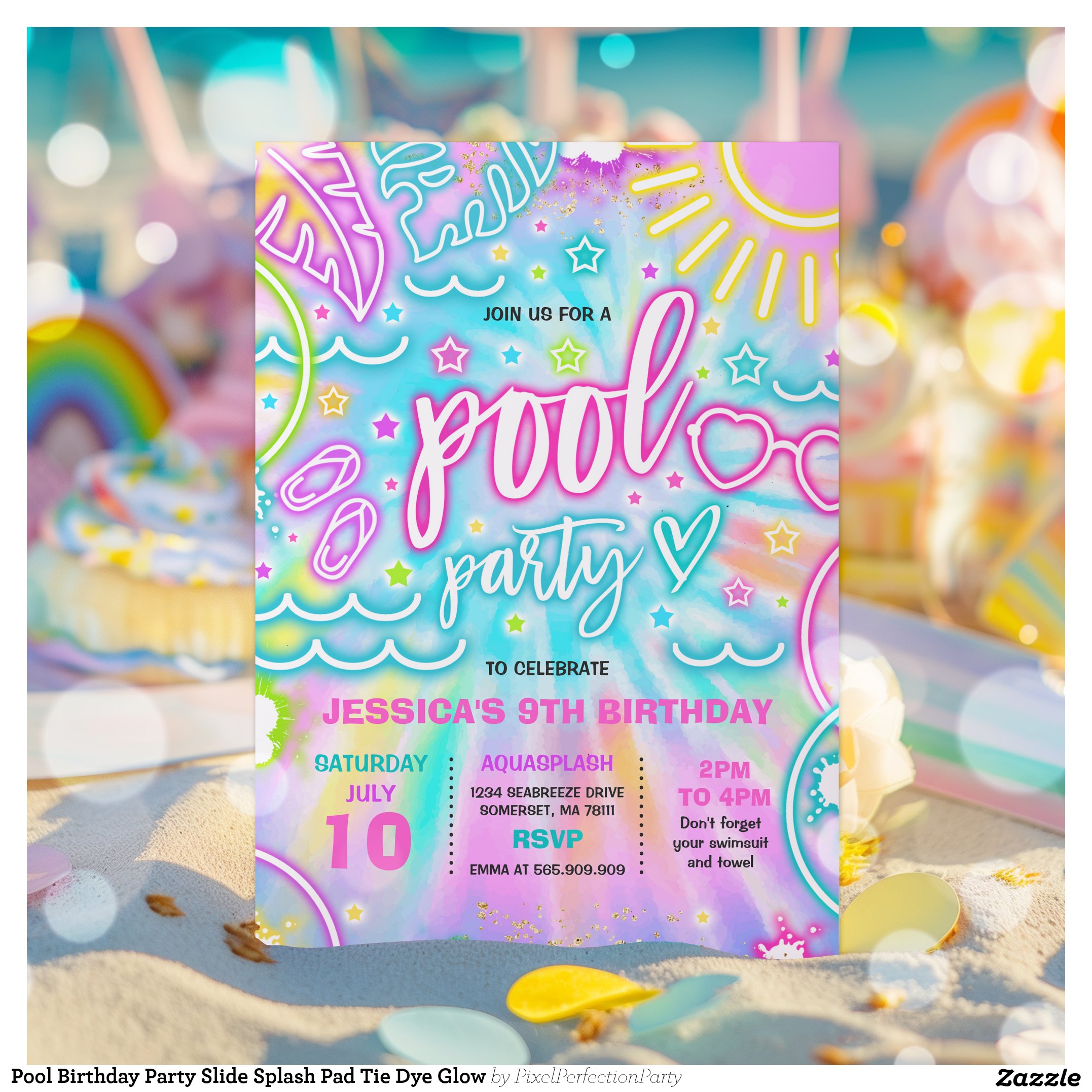 Pool Birthday Party Slide Splash Pad Tie Dye Glow Invitation