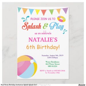 Pool Party Birthday Invitation Splish Splash Girl