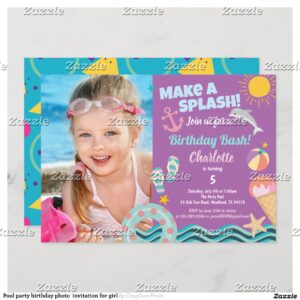 Pool party birthday photo invitation for girl