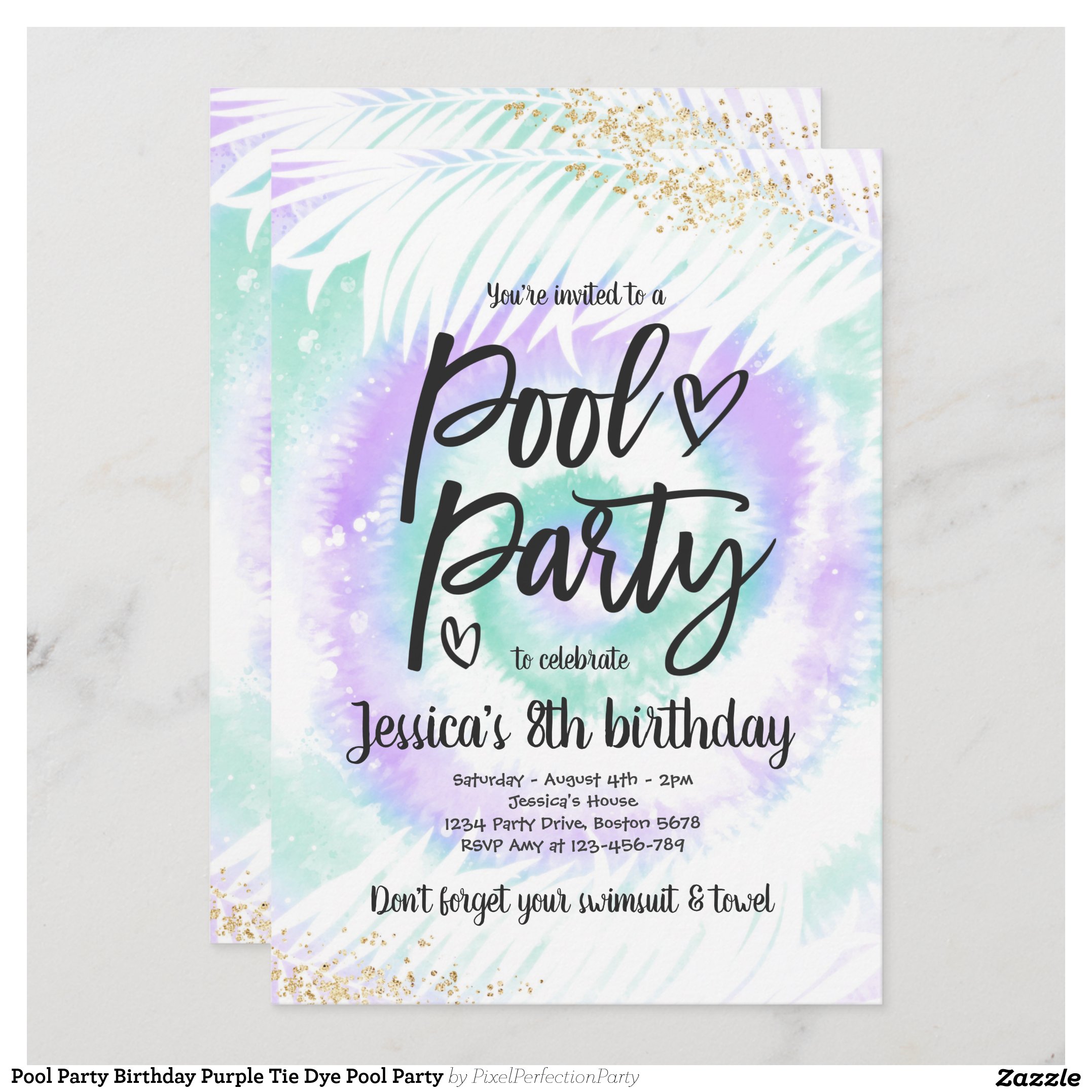 Pool Party Birthday Purple Tie Dye Pool Party Invitation