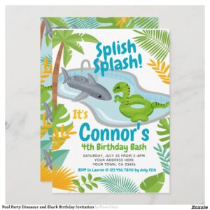 Pool Party Dinosaur and Shark Birthday Invitation