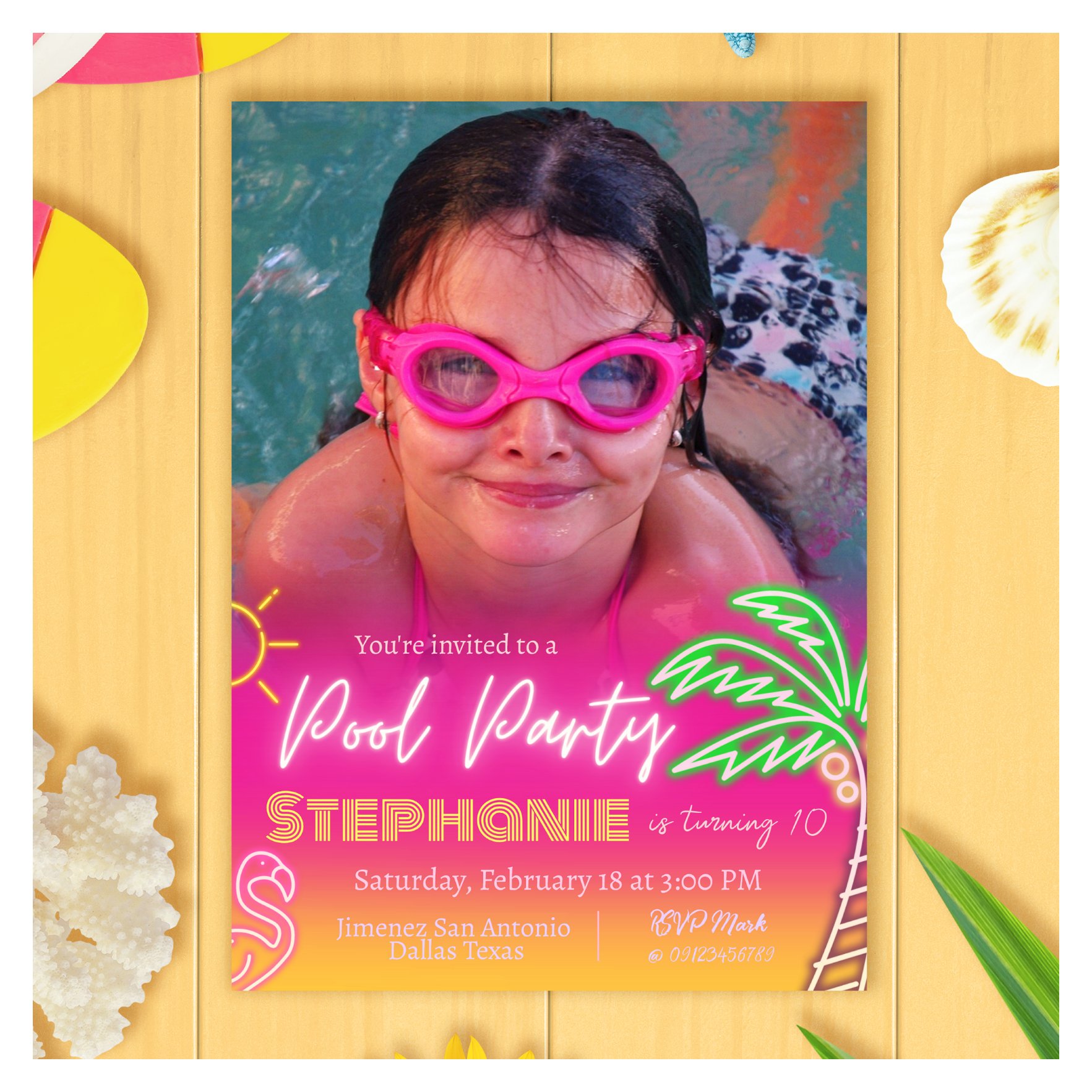 Pool Party Pink with Photo Minimalist Invitation