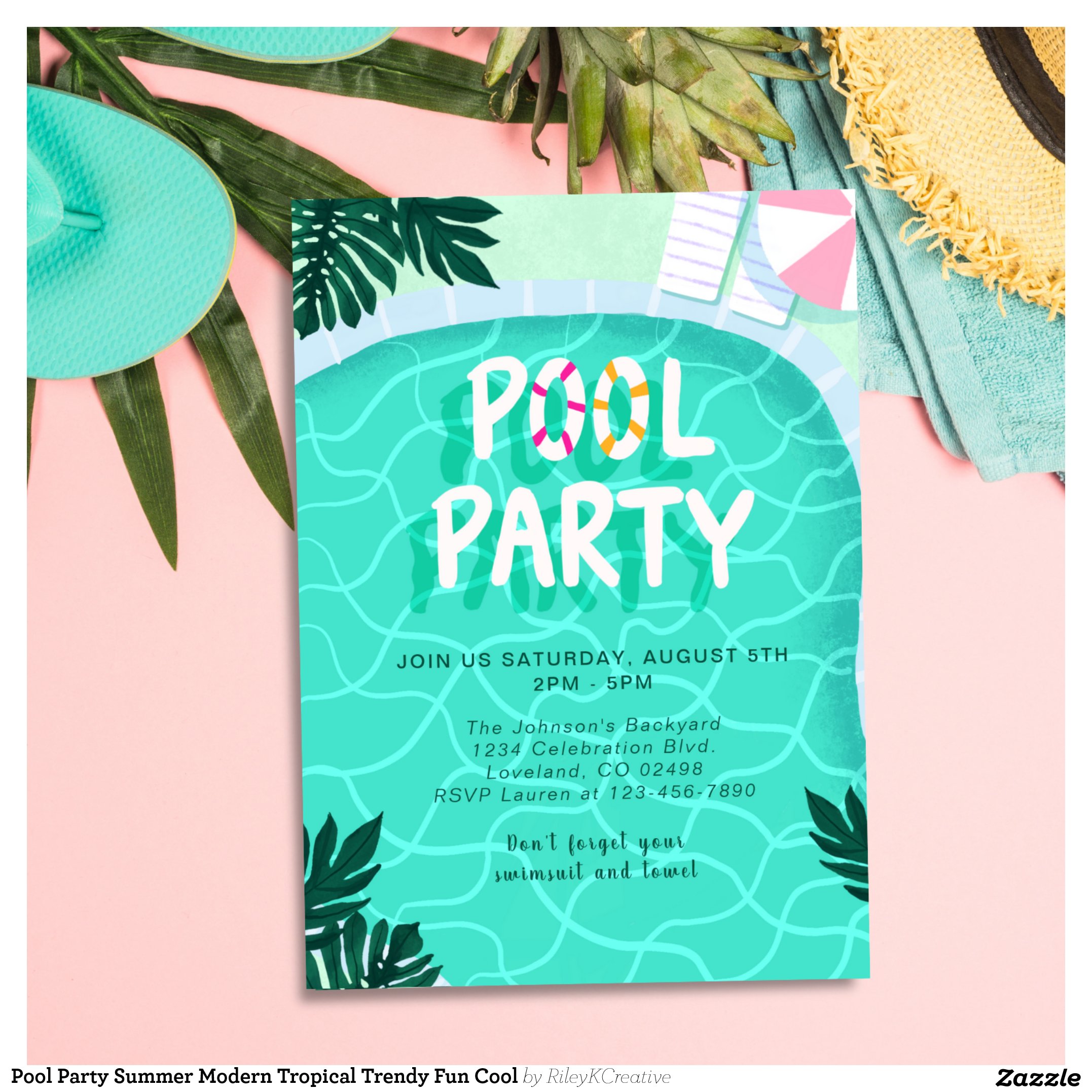 Pool Party Summer Modern Tropical Trendy Fun Cool Invitation
