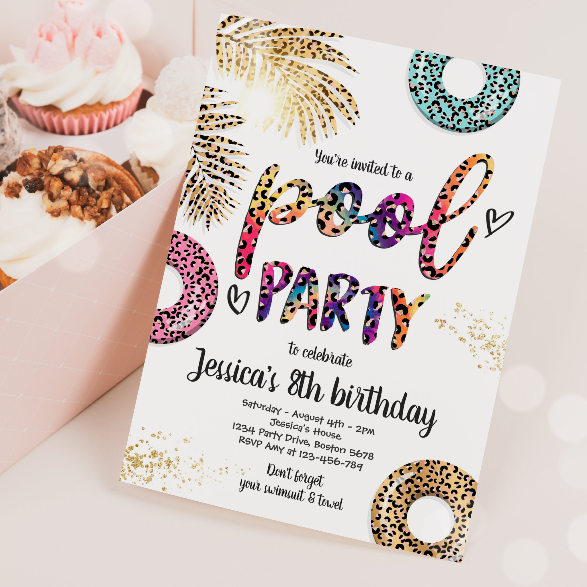Pool Party Tie Dye Leopard Print Pool Birthday Invitation