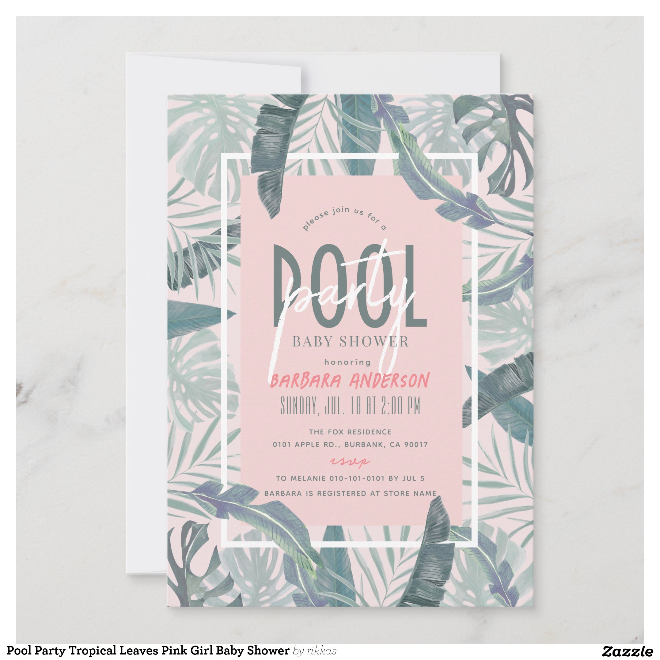 Pool Party Tropical Leaves Pink Girl Baby Shower Invitation