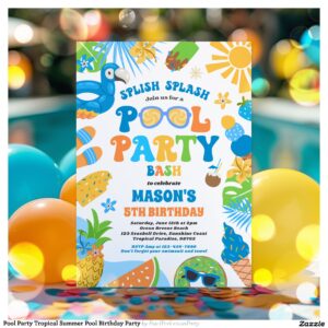 Pool Party Tropical Summer Pool Birthday Party Invitation