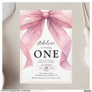 Posh Pink Coquette Bow 1st Birthday Invitation