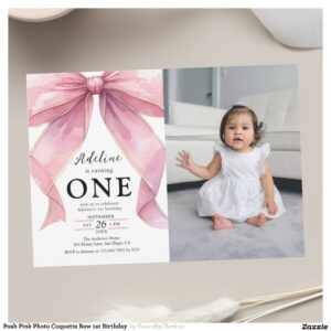Posh Pink Photo Coquette Bow 1st Birthday Invitation
