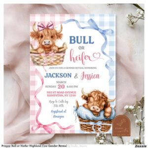 Preppy Bull or Heifer Highland Cow Gender Reveal Invitation