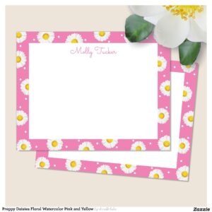 Preppy Daisies Floral Watercolor Pink and Yellow Note Card