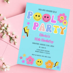 Preppy Retro Y2K Pool Party Happy Face Birthday Invitation