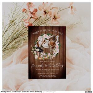 Pretty Horse and Flowers on Rustic Wood Birthday Invitation