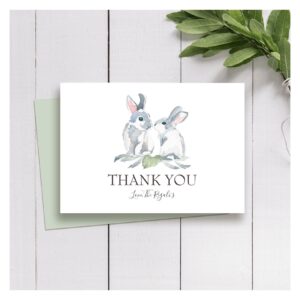 Pretty Painted Watercolor Bunny and Green Leaves Thank You Card