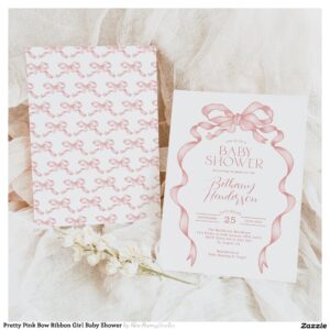 Pretty Pink Bow Ribbon Girl Baby Shower Invitation