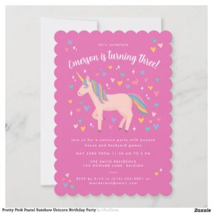 Pretty Pink Pastel Rainbow Unicorn Birthday Party Invitation