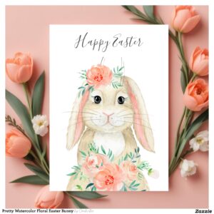 Pretty Watercolor Floral Easter Bunny Holiday Card
