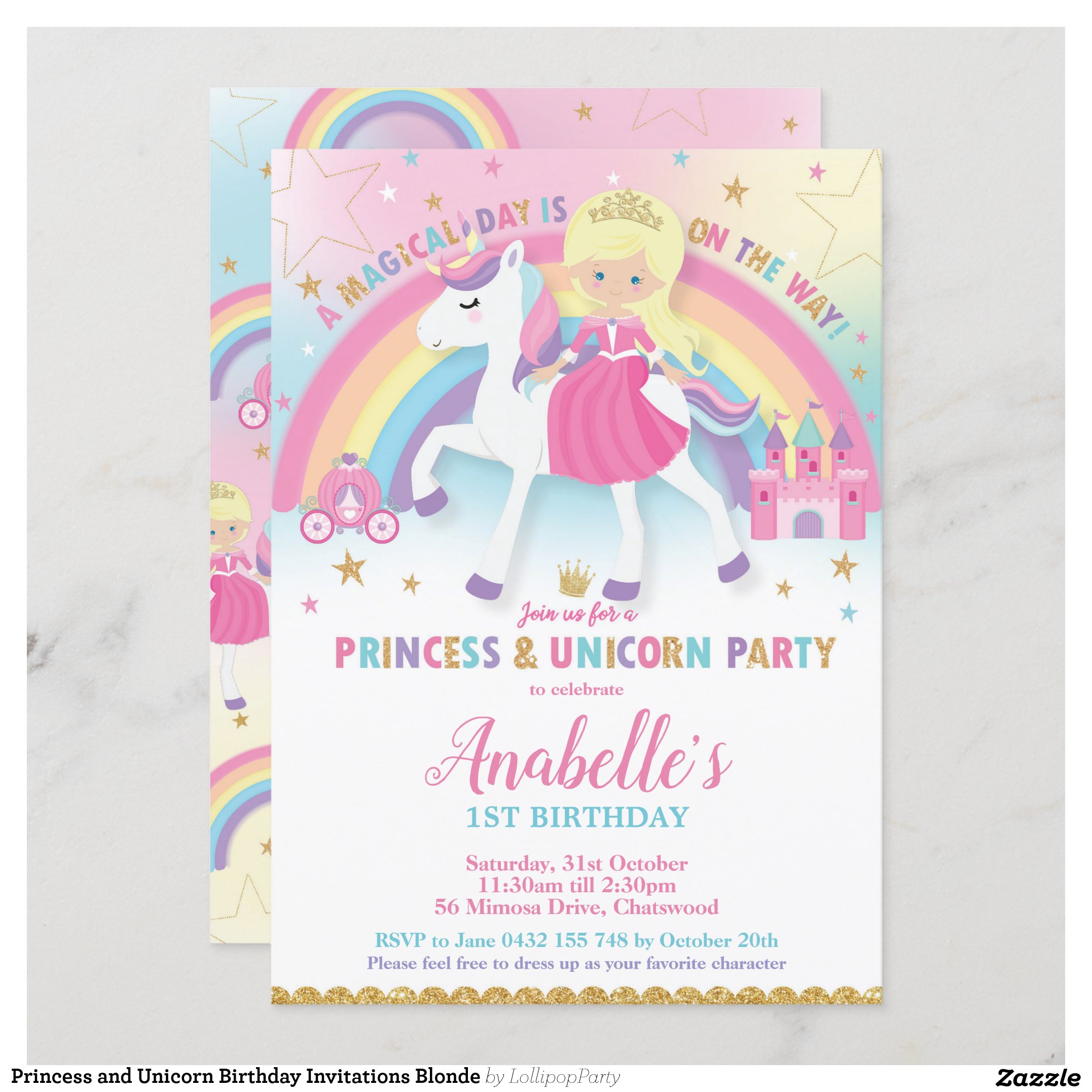 Princess and Unicorn Birthday Invitations Blond