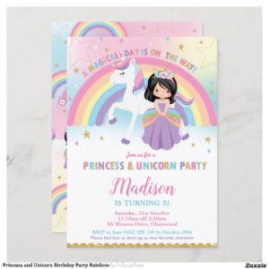 Princess and Unicorn Birthday Party Rainbow Invitation