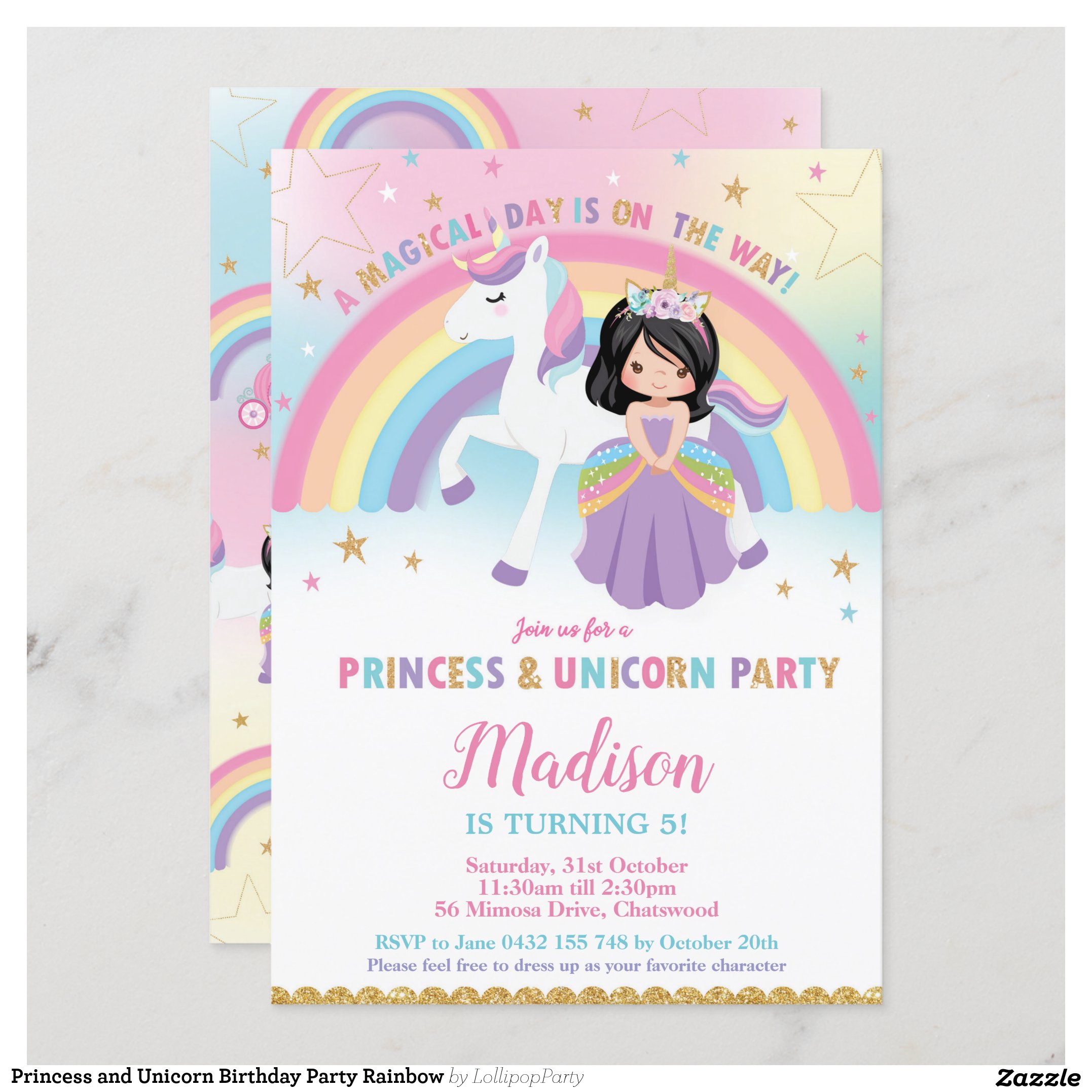 Princess and Unicorn Birthday Party Rainbow Invitation