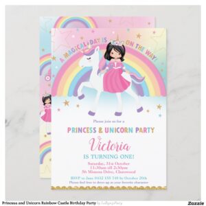 Princess and Unicorn Rainbow Castle Birthday Party Invitation