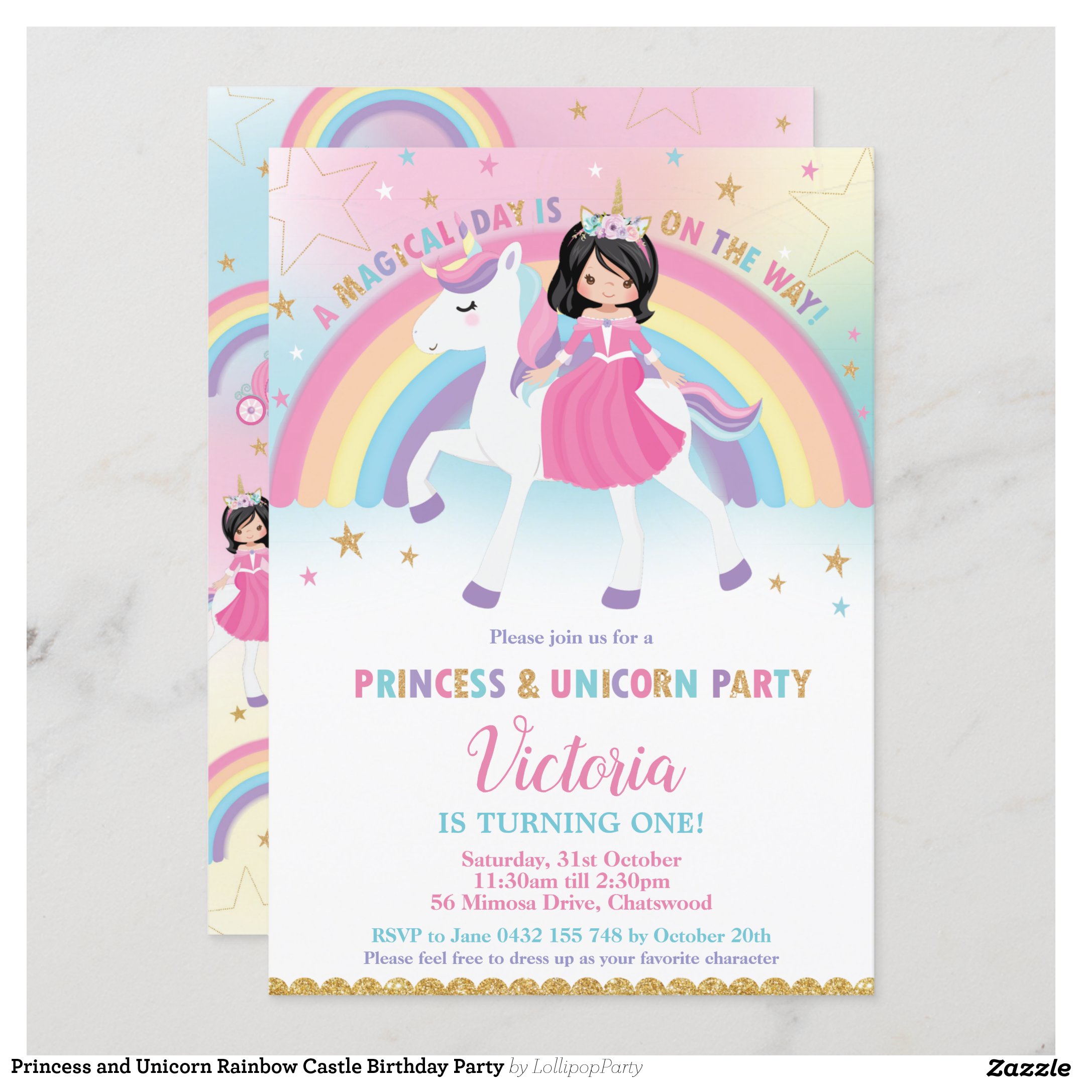 Princess and Unicorn Rainbow Castle Birthday Party Invitation