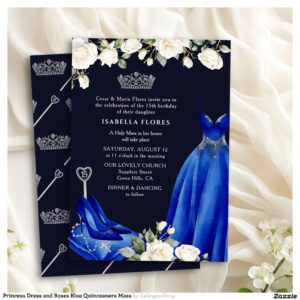 Princess Dress and Roses Blue Quinceanera Mass Invitation