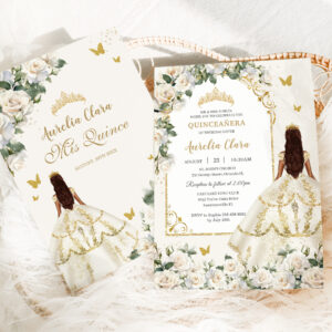 Princess Quincea?era Champagne Ivory Roses Dress Invitation