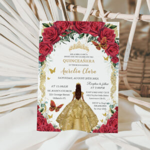 Princess Quincea?era Red Roses Floral Gold Dress Invitation