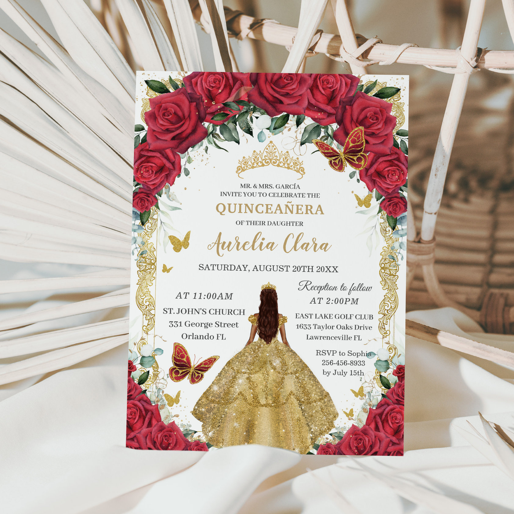 Princess Quincea?era Red Roses Floral Gold Dress Invitation