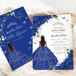Princess Quincea?era Royal Blue Roses Silver Dress Invitation