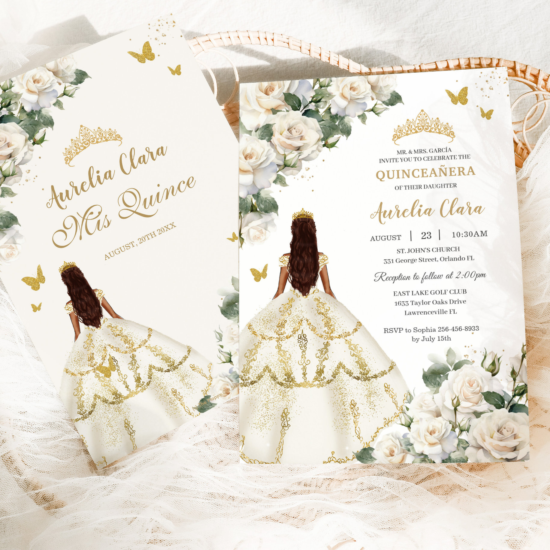 Princess Quincea?era White Ivory Roses Gold Dress Invitation