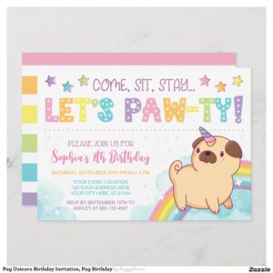Pug Unicorn Birthday Invitation, Pug Birthday Invitation