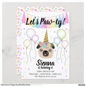 Pug Unicorn Puppy Dog Birthday Pawty Invitation
