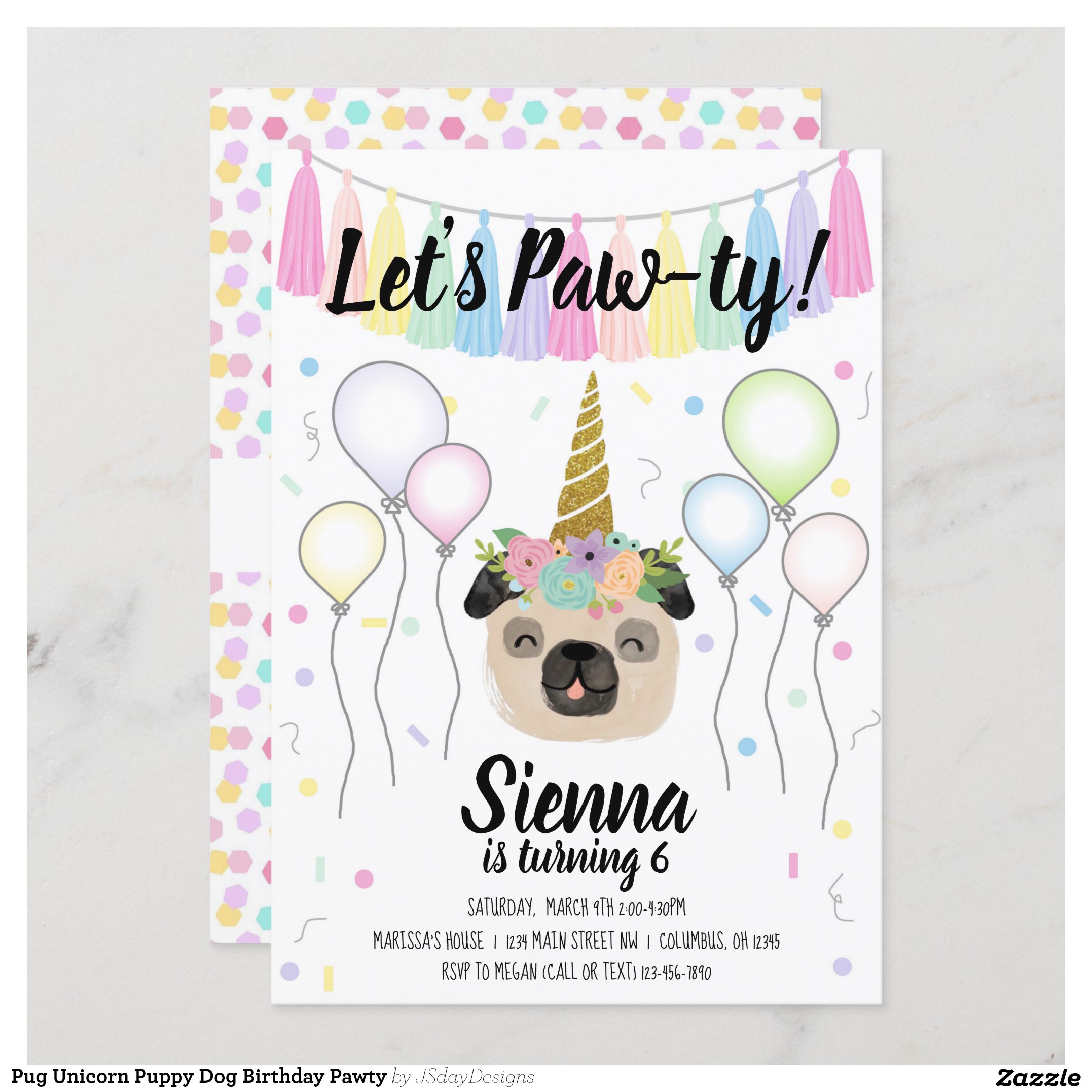 Pug Unicorn Puppy Dog Birthday Pawty Invitation