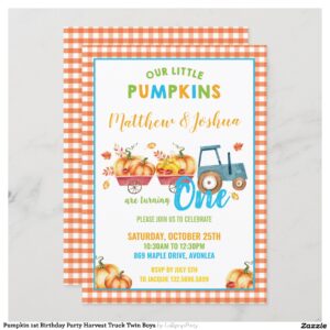 Pumpkin 1st Birthday Party Harvest Truck Twin Boys Invitation