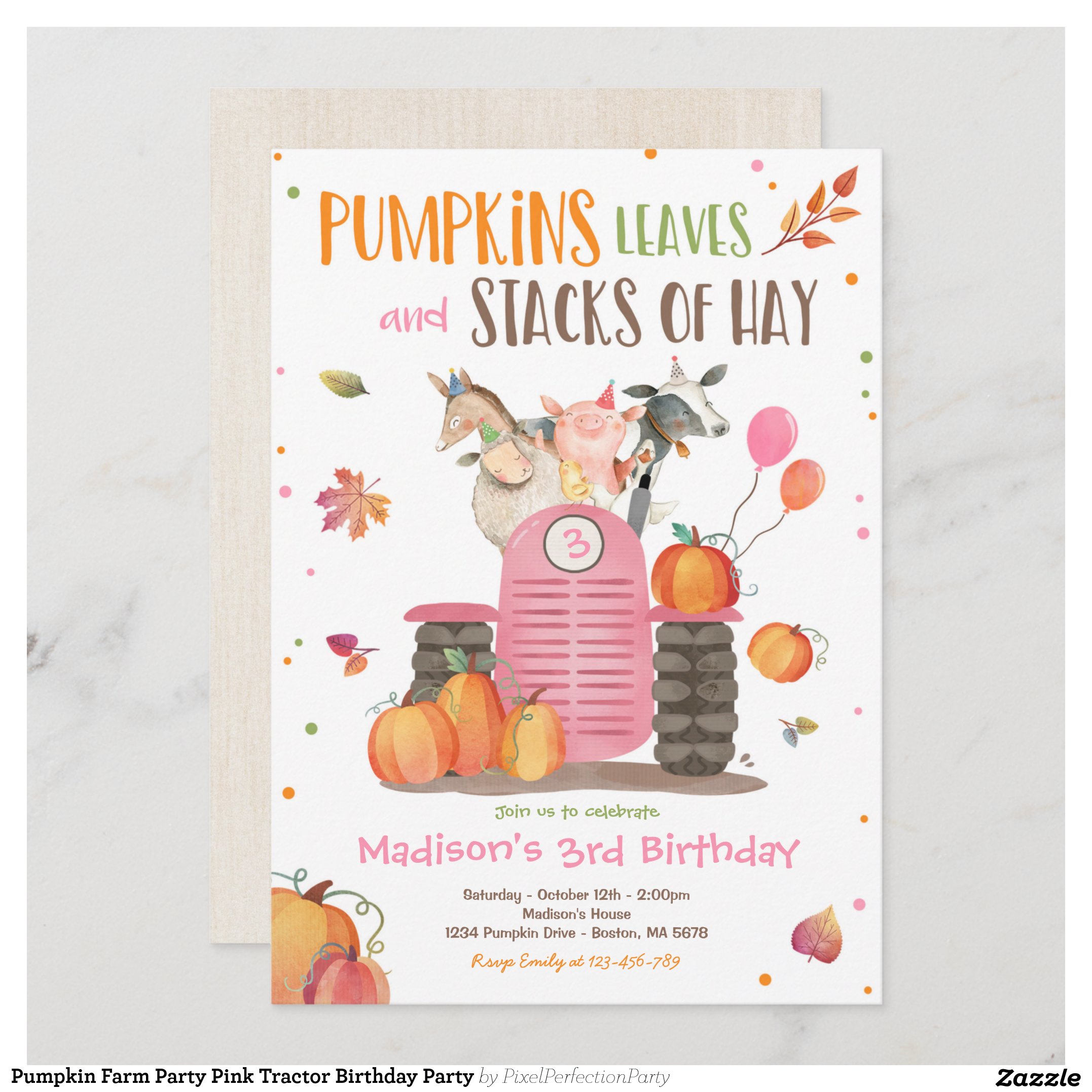 Pumpkin Farm Party Pink Tractor Birthday Party Invitation