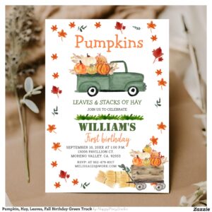 Pumpkin, Hay, Leaves, Fall Birthday Green Truck Invitation