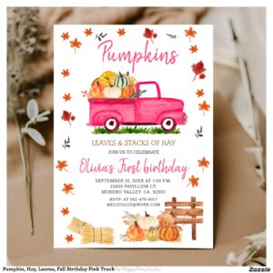 Pumpkin, Hay, Leaves, Fall Birthday Pink Truck Invitation