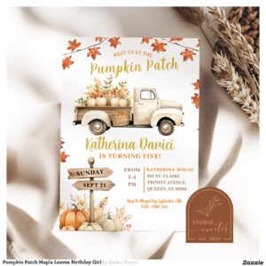 Pumpkin Patch Maple Leaves Birthday Girl Invitation