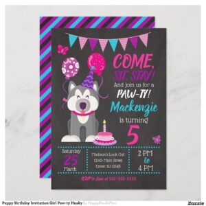 Puppy Birthday Invitation Girl Paw-ty Husky
