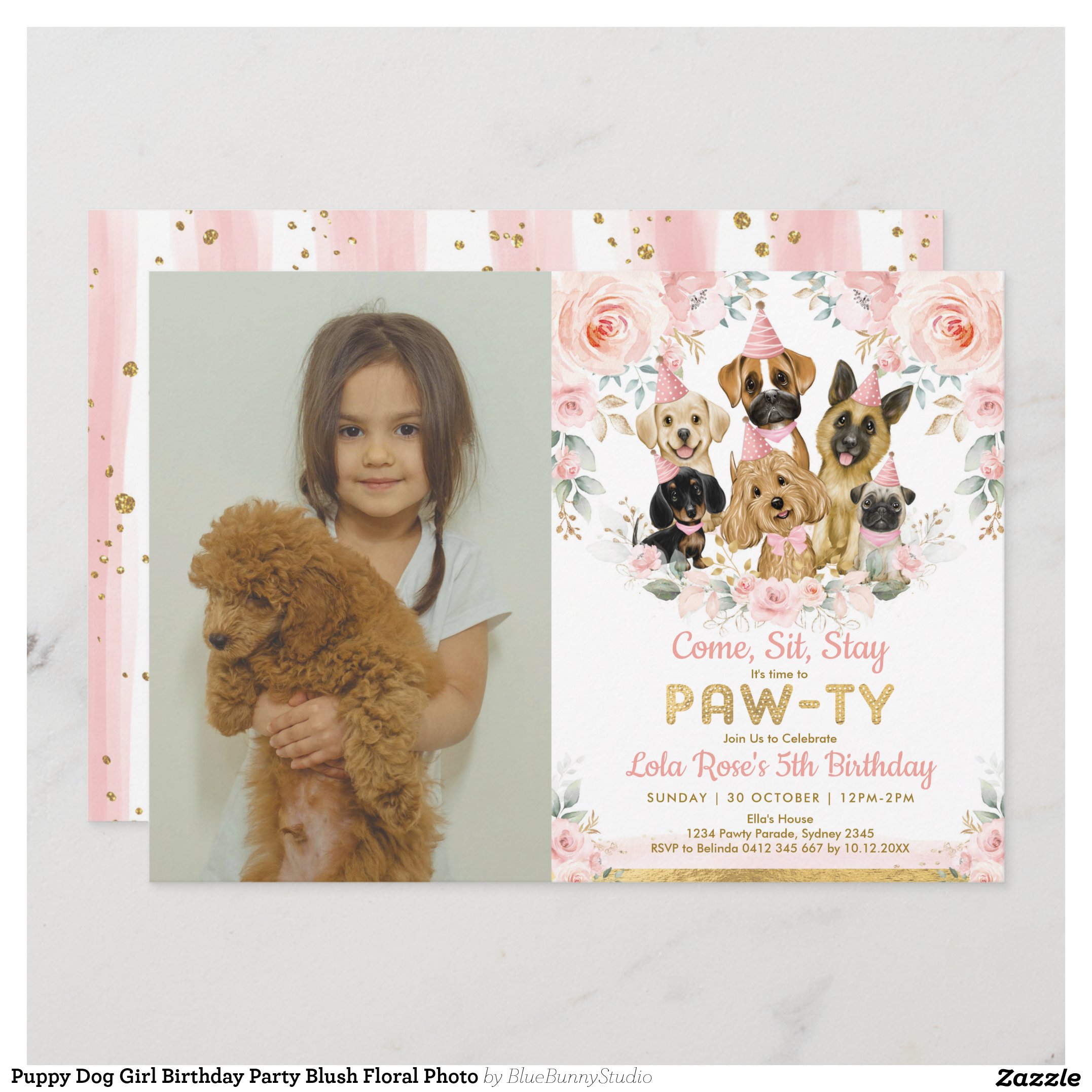 Puppy Dog Girl Birthday Party Blush Floral Photo Invitation