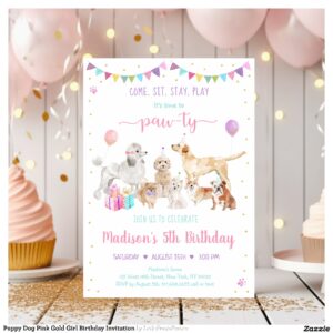 Puppy Dog Pink Gold Girl Birthday Invitation