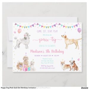 Puppy Dog Pink Gold Girl Birthday Invitation